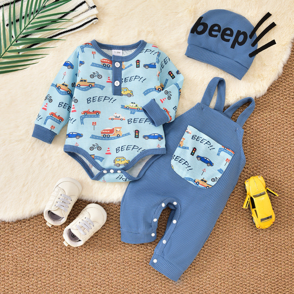 Baby girl cute bow crown print romper overalls set