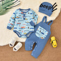 Baby girl cute bow crown print romper overalls set