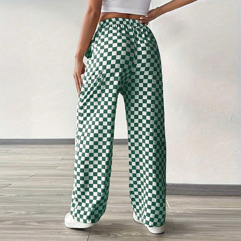 Ruihu 2025 summer  independent station  Europe and the United States black and white plaid casual pants long ins straight pants women's clothing