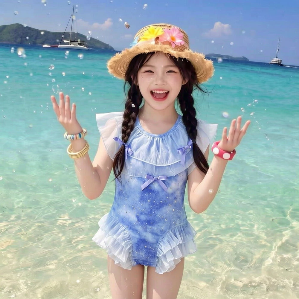 Kids' starry sky one-piece swimsuit, baby girl swimsuit, stylish summer mesh bowknot swimwear, girls' swimsuit