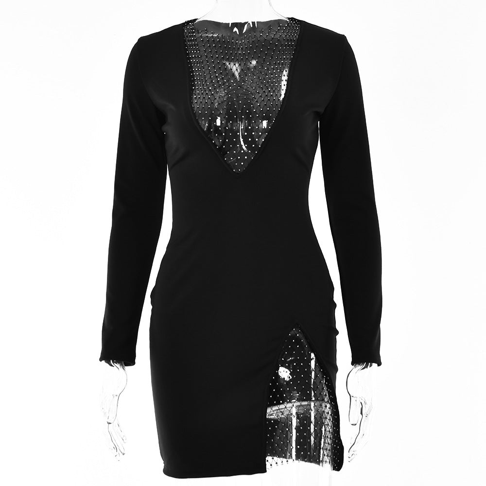 hot-selling autumn and winter new dress women's flash diamond splicing design sexy hottie long-sleeved V-neck skirt