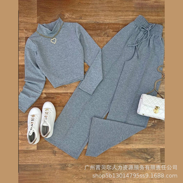ODS5363 Spot Women's New Long Sleeve Solid Color Top + Elastic Waist Pants Set 2 Sets