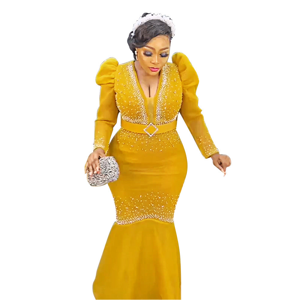 new european and american style sexy rhinestone embellished bodycon dress african women's plus size  floor-length maxi dress