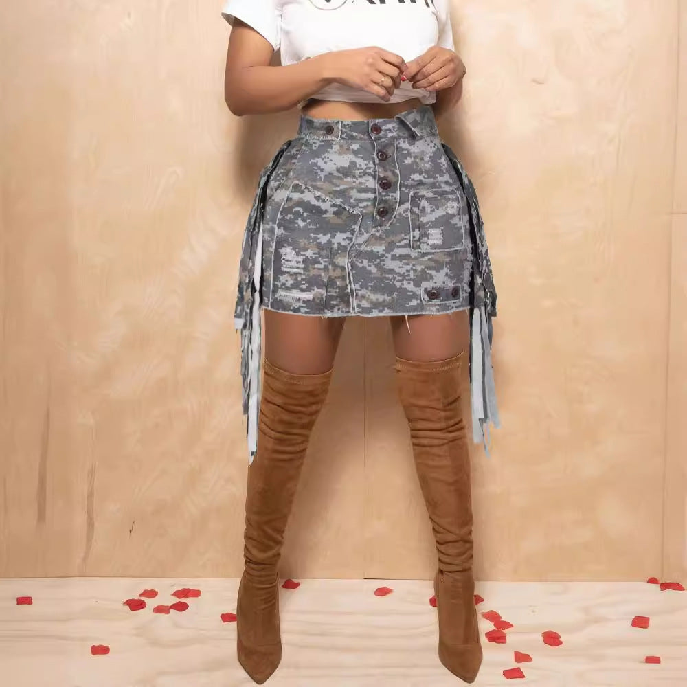 e-commerce: european and american women's fashion  summer camo tassel mini skirt, camo patchwork pencil skirt
