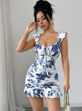 european and american new arrival: printed ruffle-trimmed women's dress