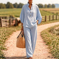 european and american cross-border new spring/summer comfortable casual button-down shirt and wide-leg pants linen two-piece women's set