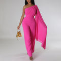C8560 cross-border women's clothing independent station foreign trade pure colorolsexy one-shoulder banquet fashion dress african jumpsuit