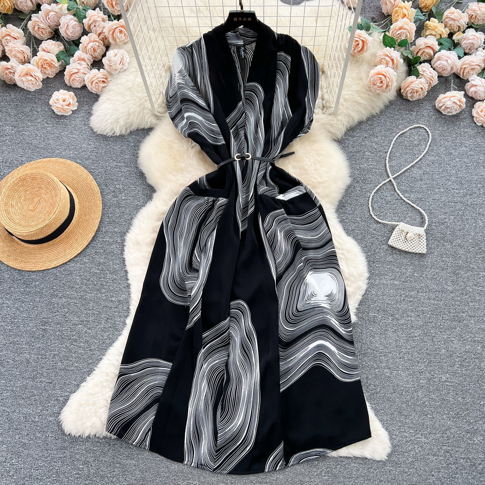 Luxury retro v-neck printed dress - women's summer french style tie-waist loose fit slimming midi shirt dress