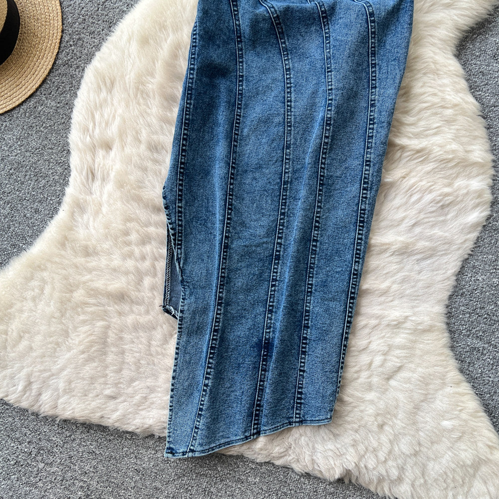 Korean style commute chic denim slip dress - women's summer korean slimming a-line maxi dress with high waist