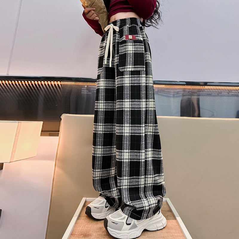 spring/autumn new kids' fashion trendy plaid straight-leg wide-leg pants, loose casual trousers for mid-to-large girls