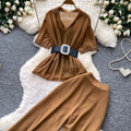 Lightly mature style, age-reducing and lazy feeling two-piece set women's summerstuds decorative waist topshigh waistloose pantssuit
