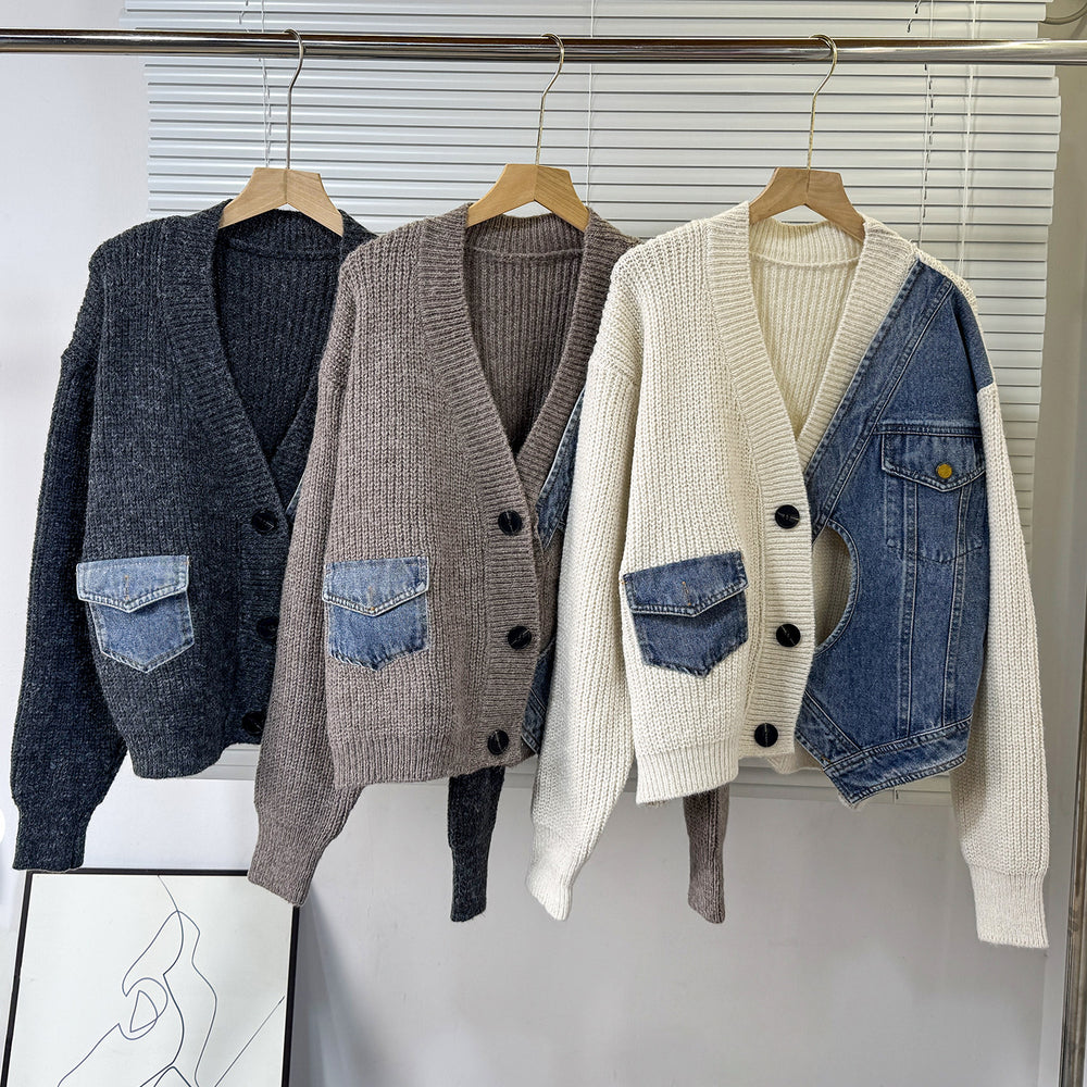 fall/winter new knit & denim patchwork cardigan - irregular design, relaxed fit, trendy women's outerwear