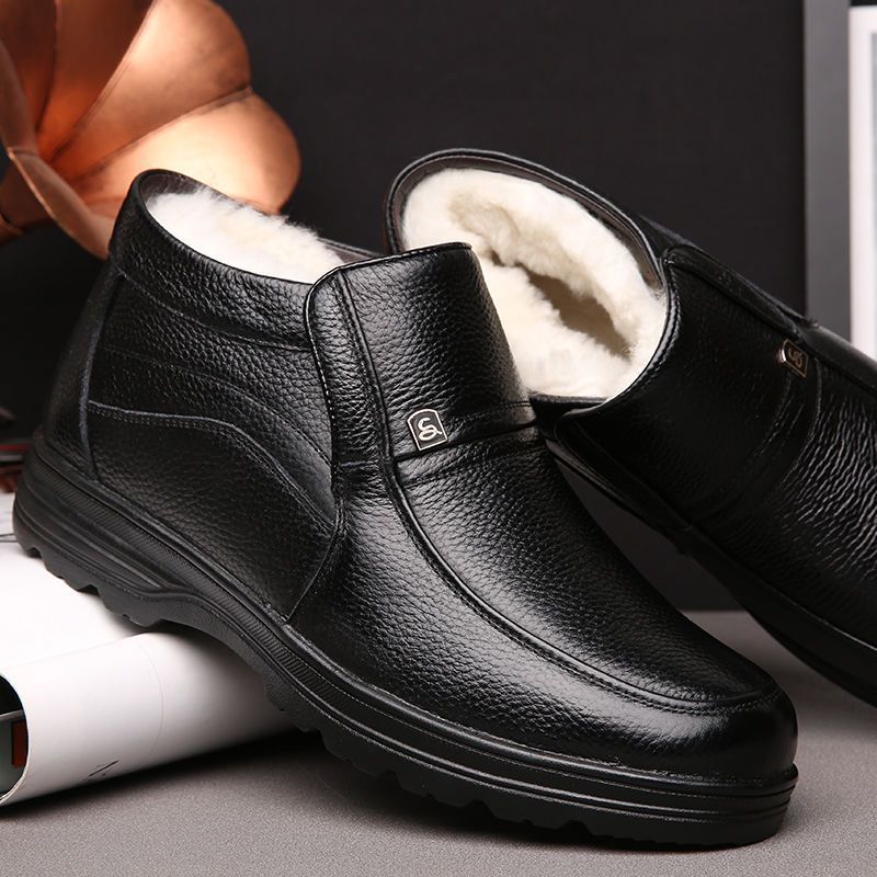 【genuine leather】men's cotton-padded shoes, fleece-lined, extra thick, warm, real wool, dad shoes, winter genuine leather high-top leather shoes