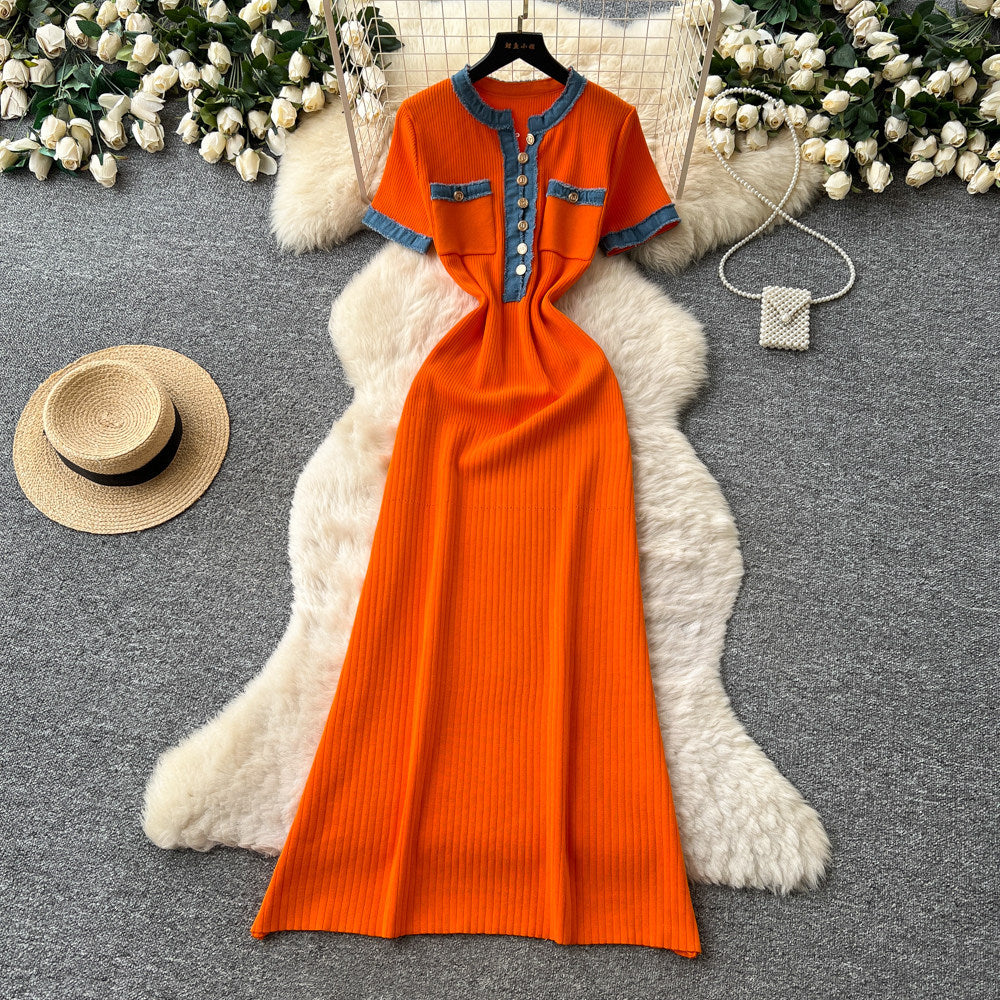 French chic knitted dress - women's summer short sleeve korean style metallic buckle slim fit retro maxi dress