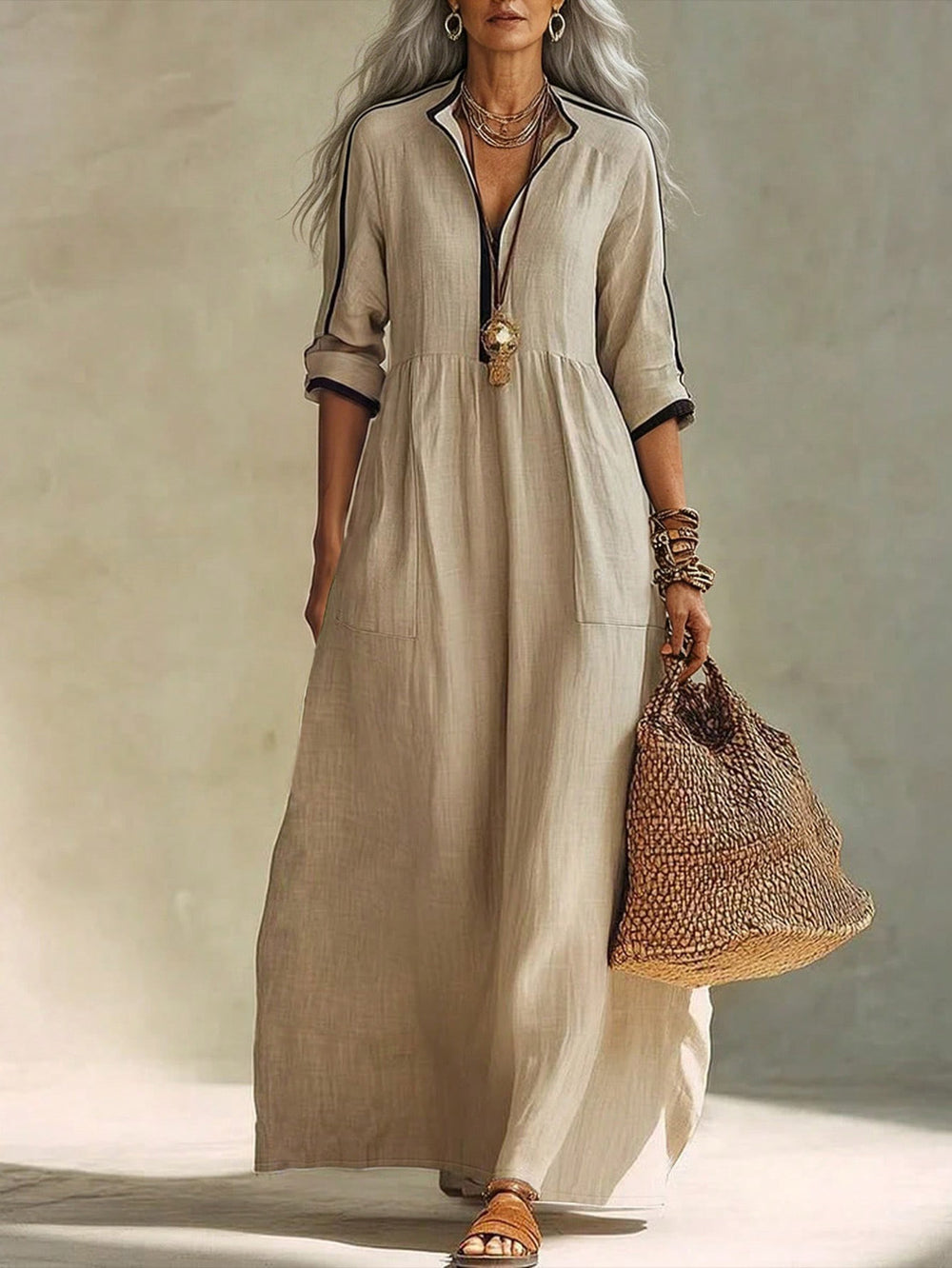 Exportnew arrivalshirt long skirt contrast color trim stand collar half placket three-quarter sleeves flap pocket pants cotton and linen women's dress