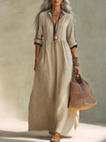 Exportnew arrivalshirt long skirt contrast color trim stand collar half placket three-quarter sleeves flap pocket pants cotton and linen women's dress