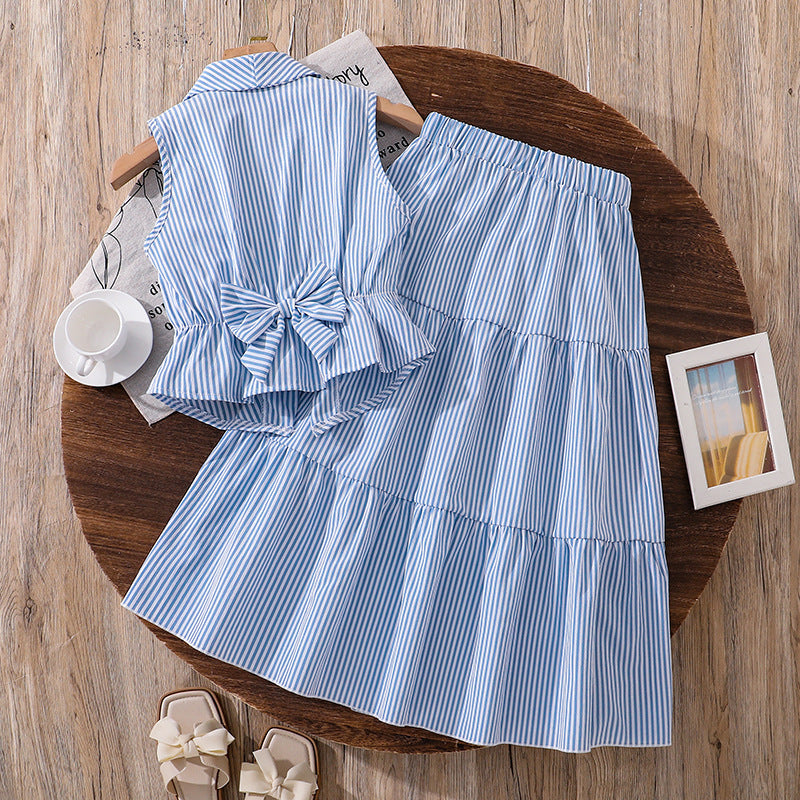 fashion children's clothing 26summernew arrivalstripes sleeveless waist slimming lookshirt skirtexportgirlsuit
