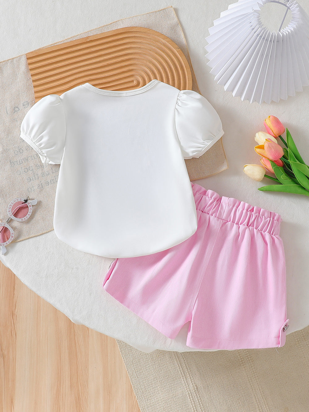 cross-border girls' fresh & sweet mesh print crewneck top + casual shorts set - toddler outfit