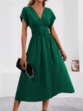 Women's summer solid color overlapping v-neck batwing sleeve waist ruched maxi elegant dress, women's long dress