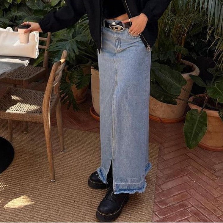 Xintang denim skirt new arrival cross-border washed slit denim skirt washed raw edge denim skirt