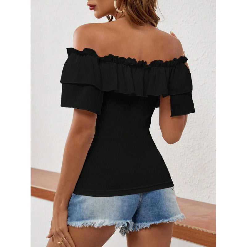 Women's black off-the-shoulder ruffle trim tie-waist bow detail short sleeve top - perfect for summer casual and vacation looks