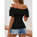 Women's black off-the-shoulder ruffle trim tie-waist bow detail short sleeve top - perfect for summer casual and vacation looks