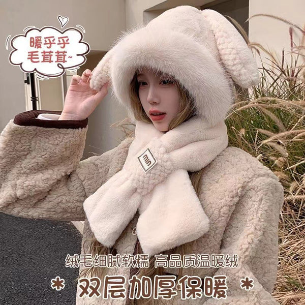 Super cute long-eared rabbit hat integrated plush hat women's winter thickened warm hat scarf one-piece two-piece set