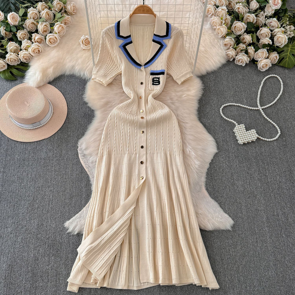 Fall and winter tweed style socialite short-sleeved contrast colorembroider suit collar waist slimming look single-breasted a-line knittingdress