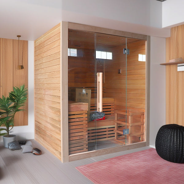 Spruce wood Hemlock wood red cedar custom finished product prefabricated traditional dry steam sauna, sauna furnace controller