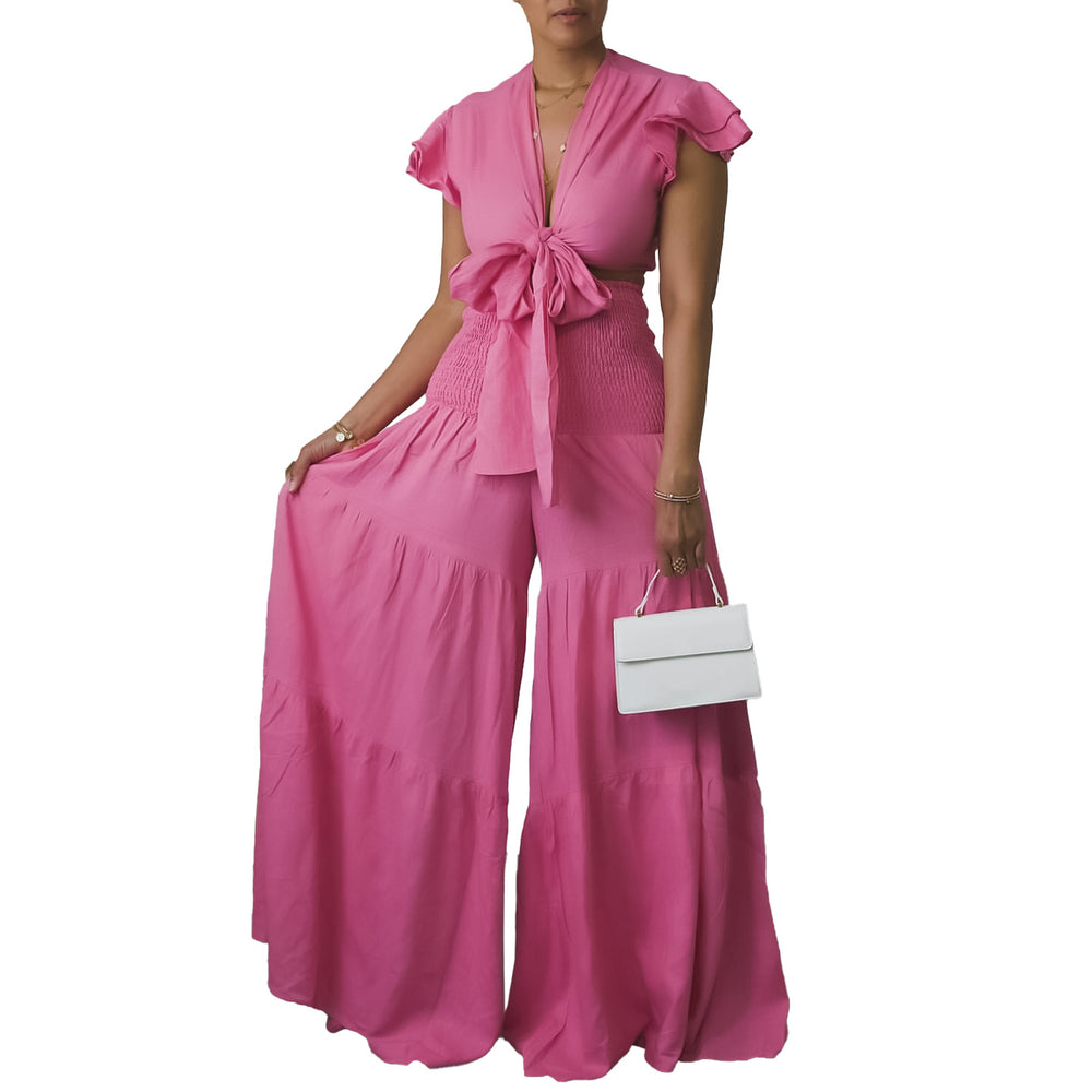 C8586   new short-sleeve tie-up top and wide-leg pants plus size two-piece set - cross-border e-commerce outfit
