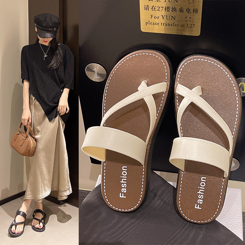 Women's slippers 2025 summer outdoor wear korean style sandals retro elegant french fairy style soft flat bottom beach sandals