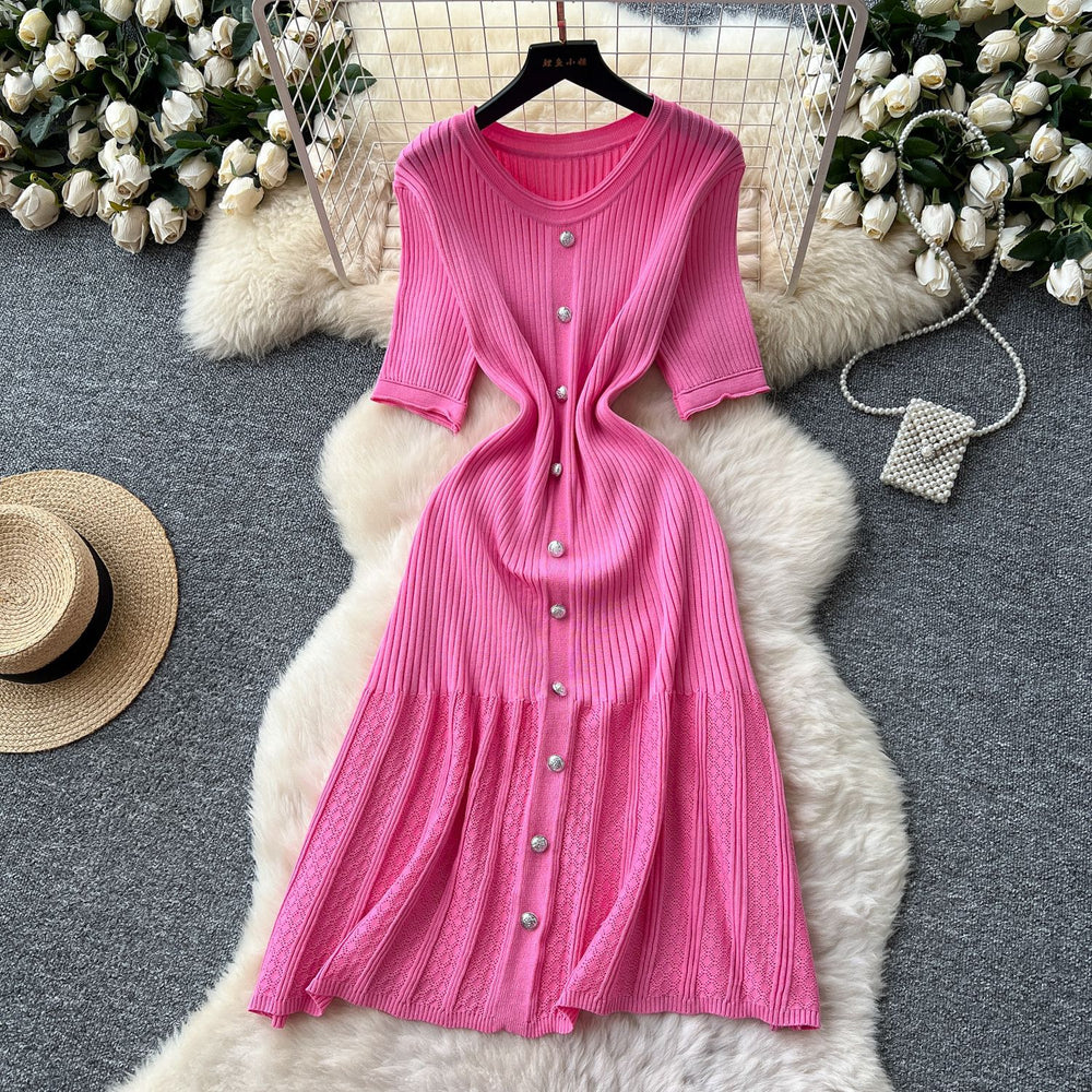 Xiaoxiangfeng fashionablefashionable round neck short-sleeved metal buckle waist knittingdress female summerslimming looksweater long skirt