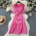 Xiaoxiangfeng fashionablefashionable round neck short-sleeved metal buckle waist knittingdress female summerslimming looksweater long skirt