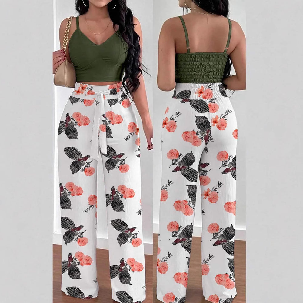 Two-piece set featuring a spaghetti strap elastic tank top and wide-leg tie-front pants,  early autumn european and american style