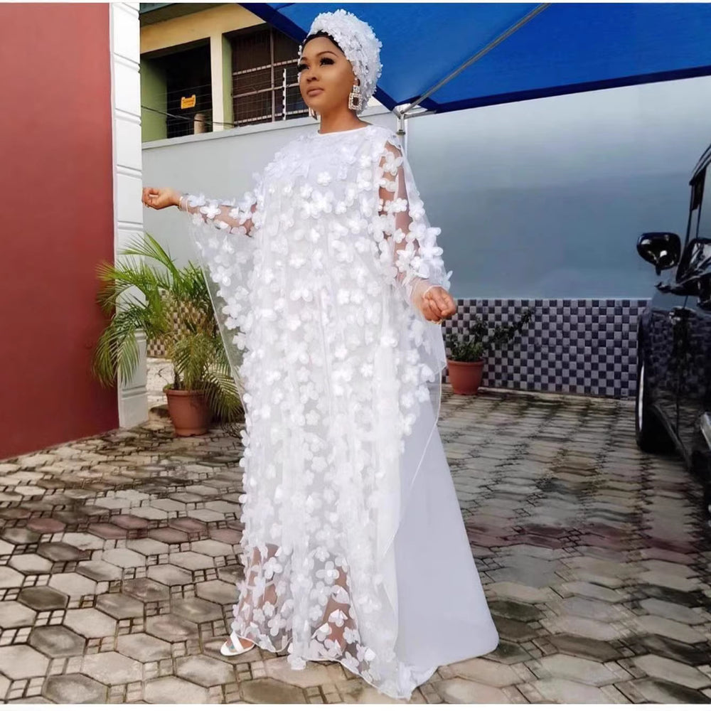 African women's dress 3d embroidered floral mesh round neck batwing sleeve loose plus size robe + vest maxi dress