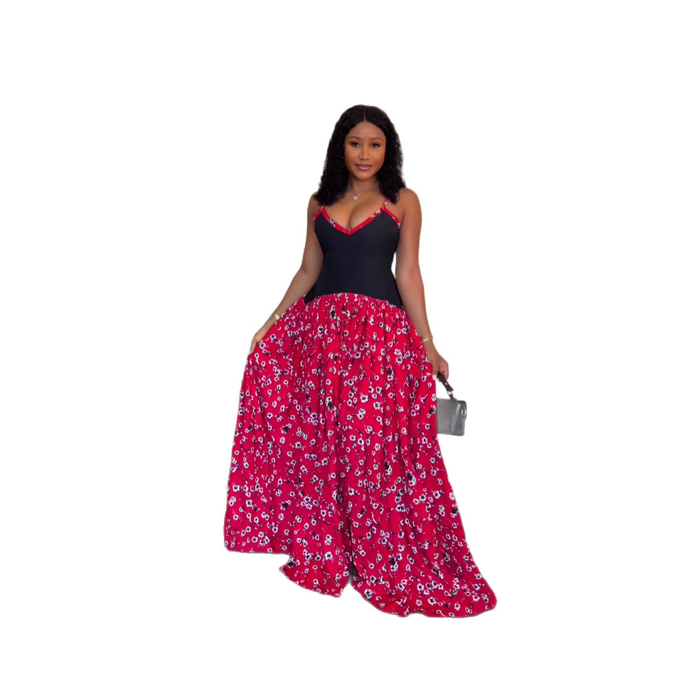 European and american cross-border women's spring  new sleeveless v-neck sexy camisole dress with cinched waist and pleated maxi skirt