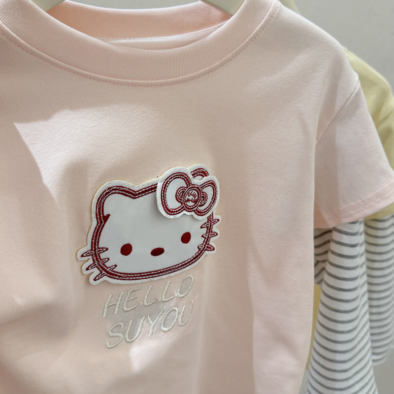 New spring girls' cartoon striped patchwork base layer t-shirt, korean style top for baby girls, trendy children's clothing