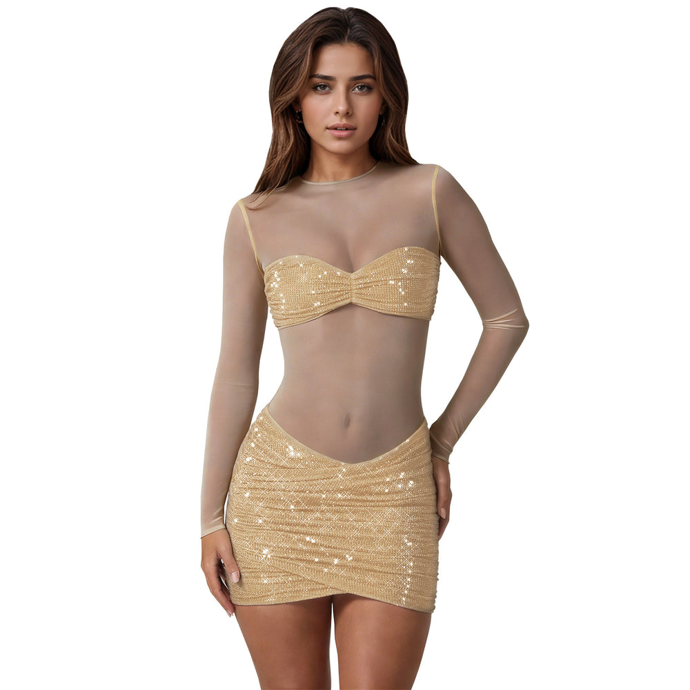 C7636 cross-border   fashion women's sexy see-through mesh rhinestone dress mini skirt