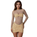 C7636 cross-border   fashion women's sexy see-through mesh rhinestone dress mini skirt