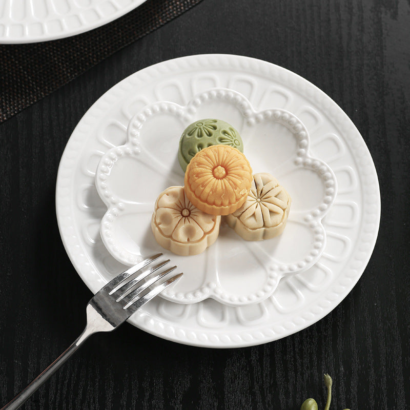 Pure white embossed dinnerware ceramic plate - nordic/american style flat plate, soup plate, fruit plate, hotel & restaurant minimalist style steak plate