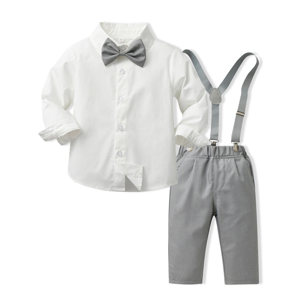 New british style boys' spring outfit: long-sleeved white shirt and suspender pants formal set - spring new arrivals for boys' clothing