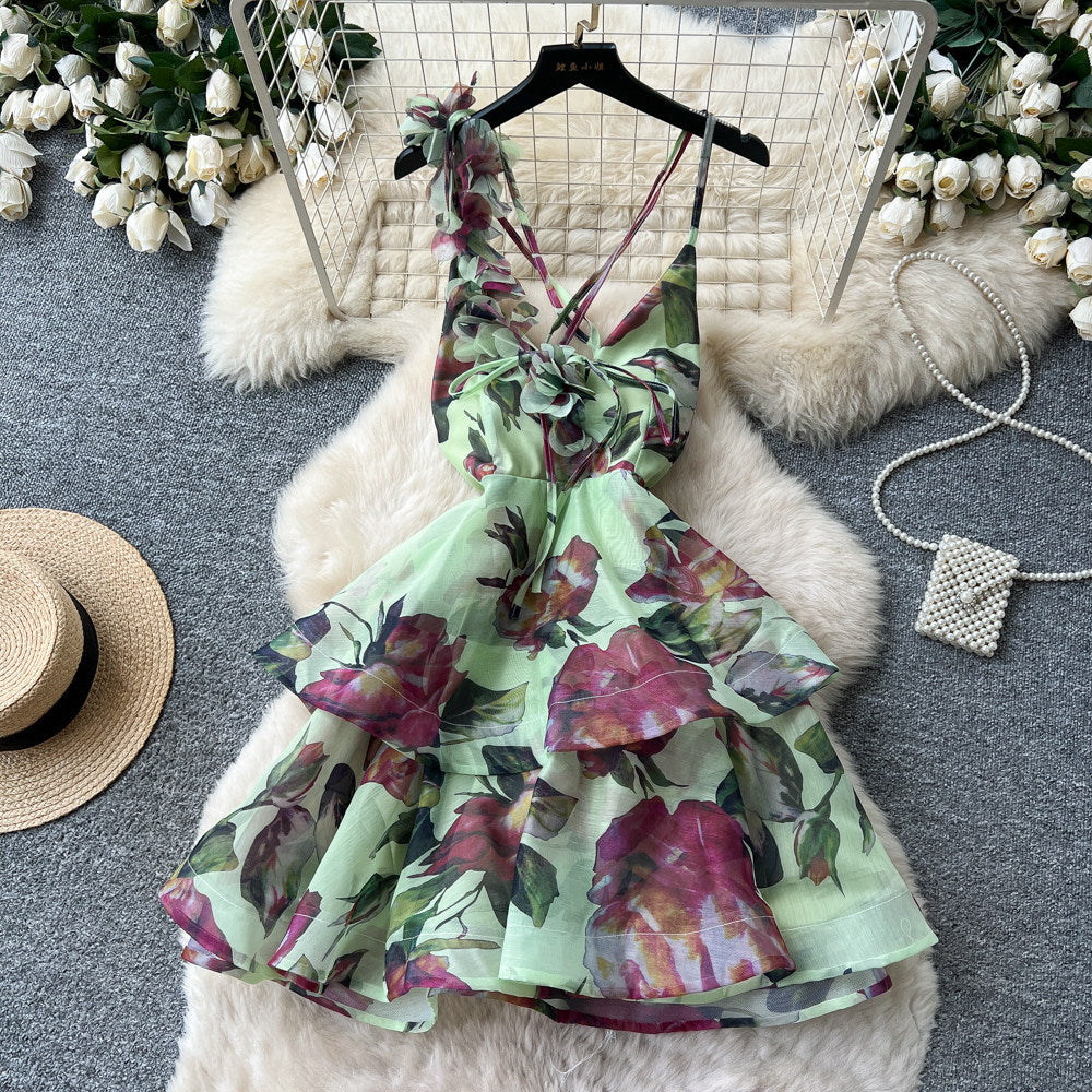 Romantic vacation style v-neck floral print dress - women's summer backless tie-up a-line dress - sexy, elegant, and slimming