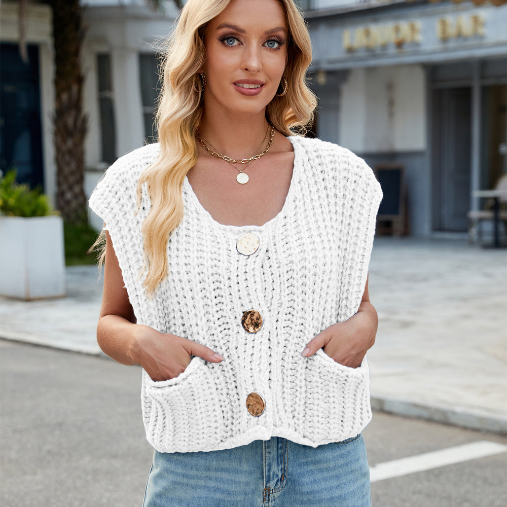 Fashion cross-border women's clothing  independent station new v-neck three-button sleeveless cardigan sweater vest