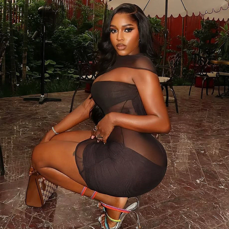 European and American  women's clothing sexy perspective slim mesh hip skirt hollow turtleneck solid color versatile short dress