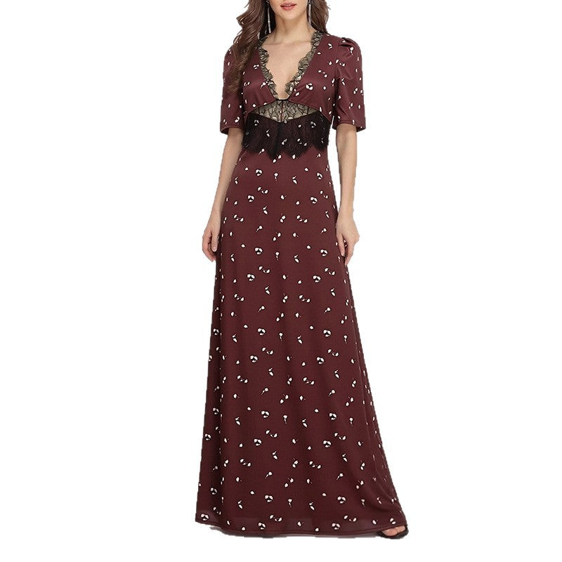 cross-border european and american women's summer fashion: new elegant satin lace patchwork v-neck hollow-out polka dot dress