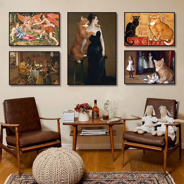 World famous painting spoof hanging picture cat orange cat funny trend print living room bedroom Nordic medieval style mural