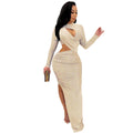 C5550 summer new european and american  cross-border fashion long sleeve sexy hollow-out slit maxi dress for women