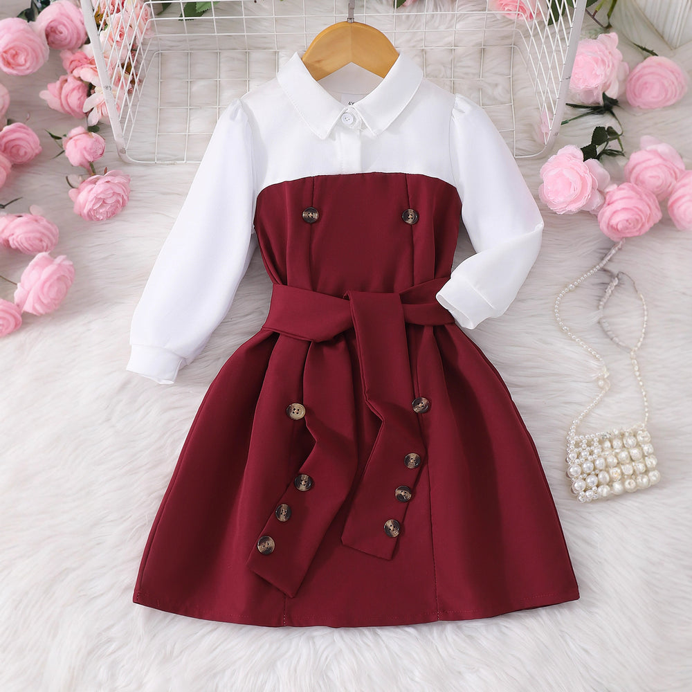 Girls' dress, button-down collar patchwork dress + belt