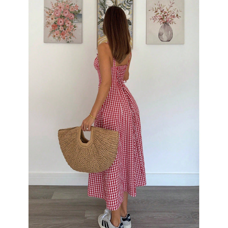 european and american cross-border new summer plaid cami dress - hot girl style