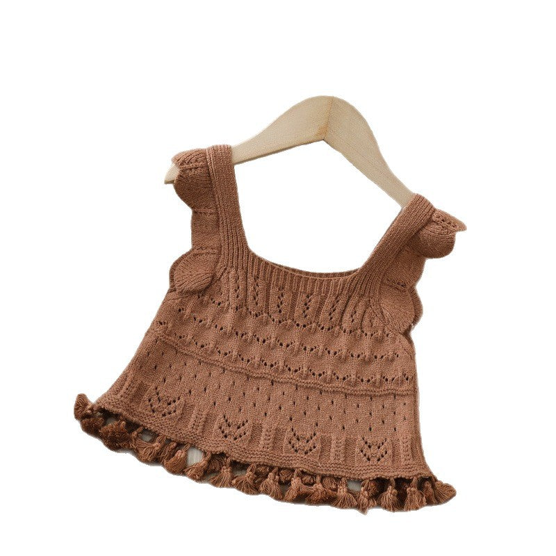 Girls' spring/autumn sweater set: sweet princess collar knit vest with ruffle trim and tassel detail (two-piece outfit)